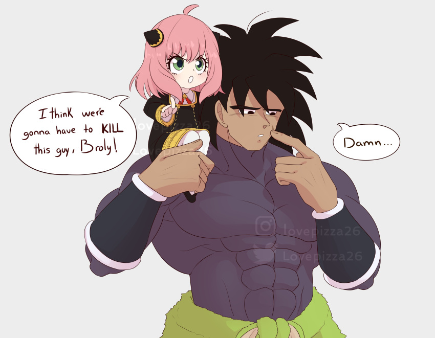 1boy 1girl absurdres ahoge anya_(spy_x_family) arm_guards black_dress black_eyes black_footwear black_hair bodysuit broly_(dragon_ball_super) child collared_shirt covered_abs crossover dragon_ball dragon_ball_super dragon_ball_super_broly dress eden_academy_school_uniform eyelashes gold_trim hair_between_eyes hair_ornament hairpods highres i_think_we're_gonna_have_to_kill_this_guy_steven_(meme) instagram_username large_pectorals lovepizza26 meme muscular muscular_male on_shoulder open_mouth pectorals pink_hair pointing scar scar_on_cheek scar_on_face school_uniform shirt size_difference speech_bubble spy_x_family square_neckline twitter_username upper_body v-shaped_eyebrows waist_cape white_background white_shirt