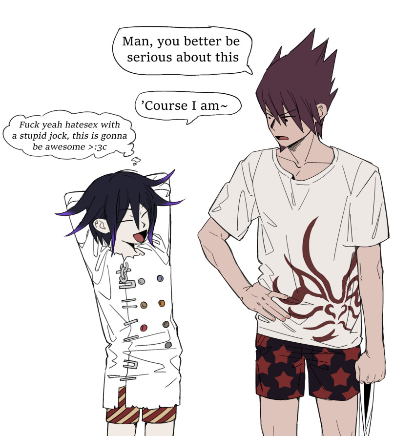 2boys :d black_hair buttons closed_eyes danganronpa_(series) danganronpa_v3:_killing_harmony double-breasted facing_another happy highres looking_at_another male_underwear miri_(bossu_osu) momota_kaito multiple_boys oma_kokichi print_male_underwear print_shirt purple_hair shirt simple_background smile speech_bubble spiky_hair star_(symbol) star_print striped_male_underwear thought_bubble underwear white_background