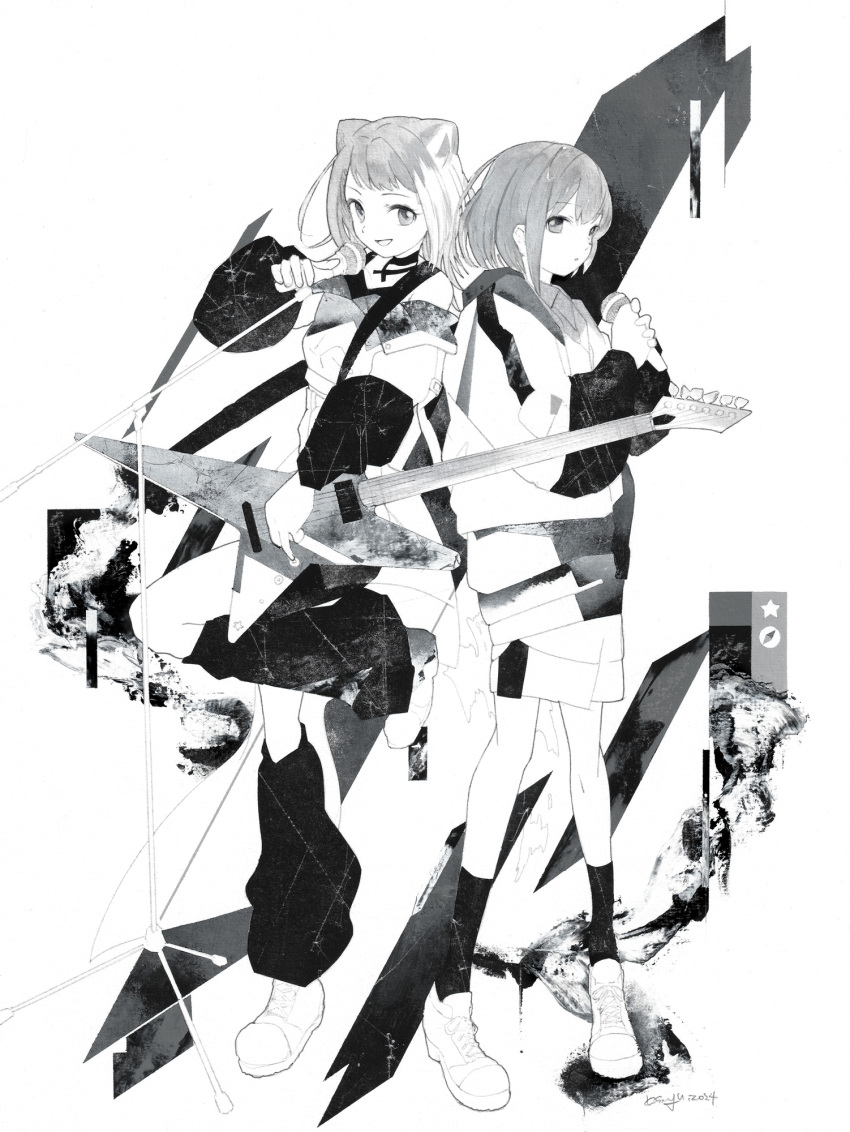 2girls bang_dream! bang_dream!_it's_mygo!!!!! commentary cone_hair_bun electric_guitar english_commentary full_body greyscale guitar hair_bun highres holding holding_guitar holding_instrument holding_microphone instrument jacket kushima_yu long_sleeves looking_at_viewer microphone microphone_stand monochrome multiple_girls open_mouth parted_lips shoes short_hair shorts smile sneakers socks standing standing_on_one_leg takamatsu_tomori toyama_kasumi