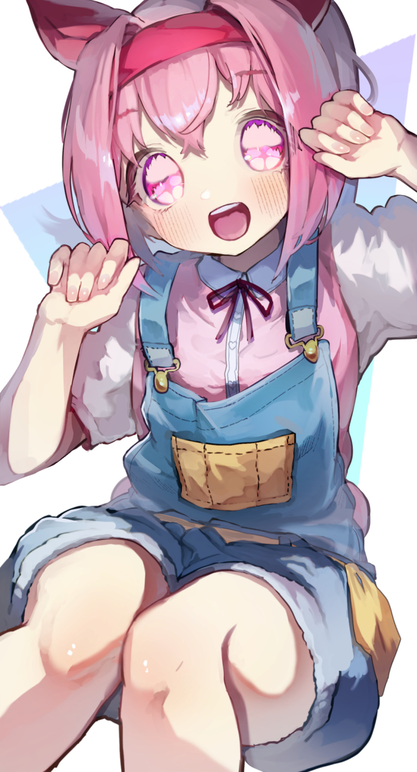 1girl animal_ears black_ribbon blue_overalls casual collared_shirt commentary hairband haru_urara_(umamusume) highres horse_ears horse_girl looking_at_viewer neck_ribbon open_mouth overall_shorts overalls pink_eyes pink_hair red_hairband ribbon shirt short_sleeves simple_background smile solo tamukoro umamusume white_background white_shirt