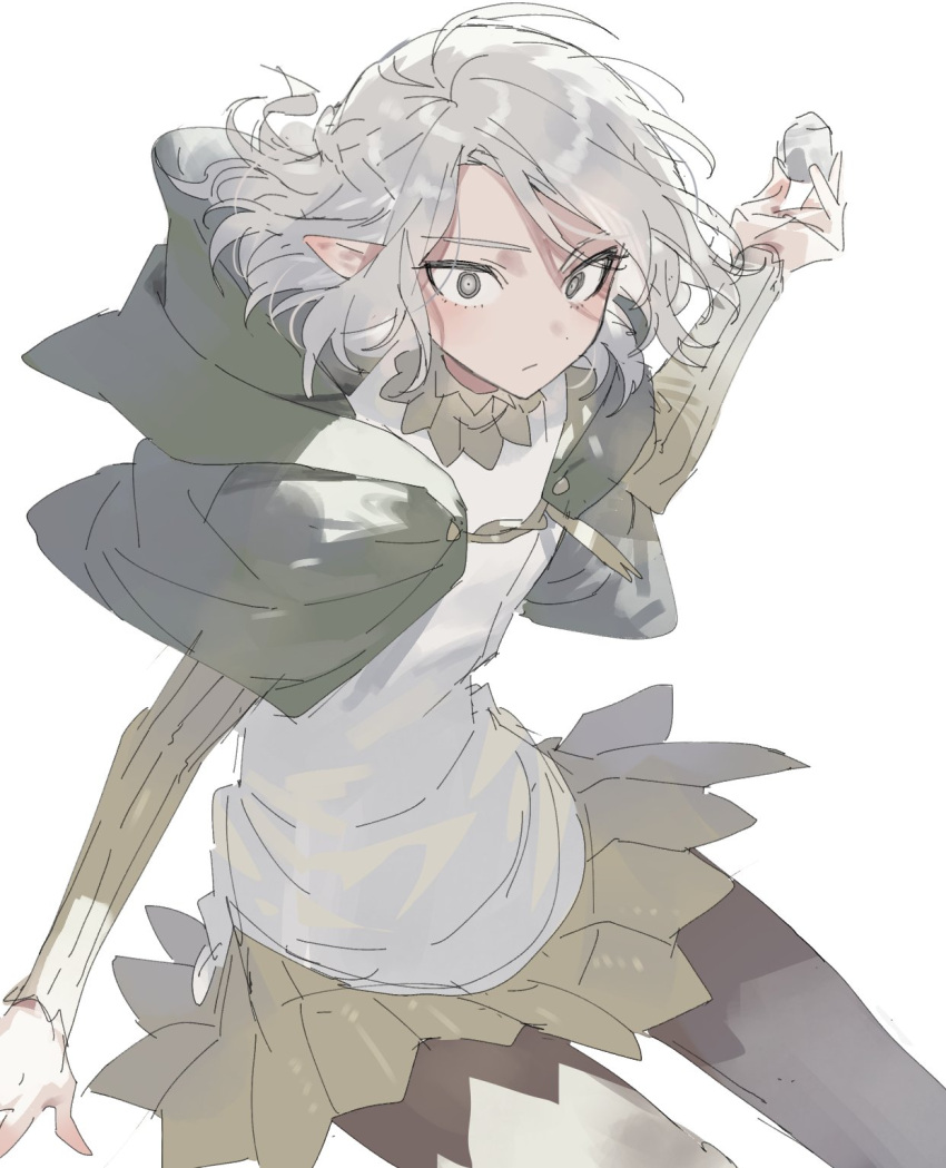 1boy androgynous black_eyes capelet closed_mouth dungeon_meshi elf hair_flowing_over highres male_focus mara_universe medium_hair mithrun pointy_ears shirt simple_background solo white_background white_hair white_shirt