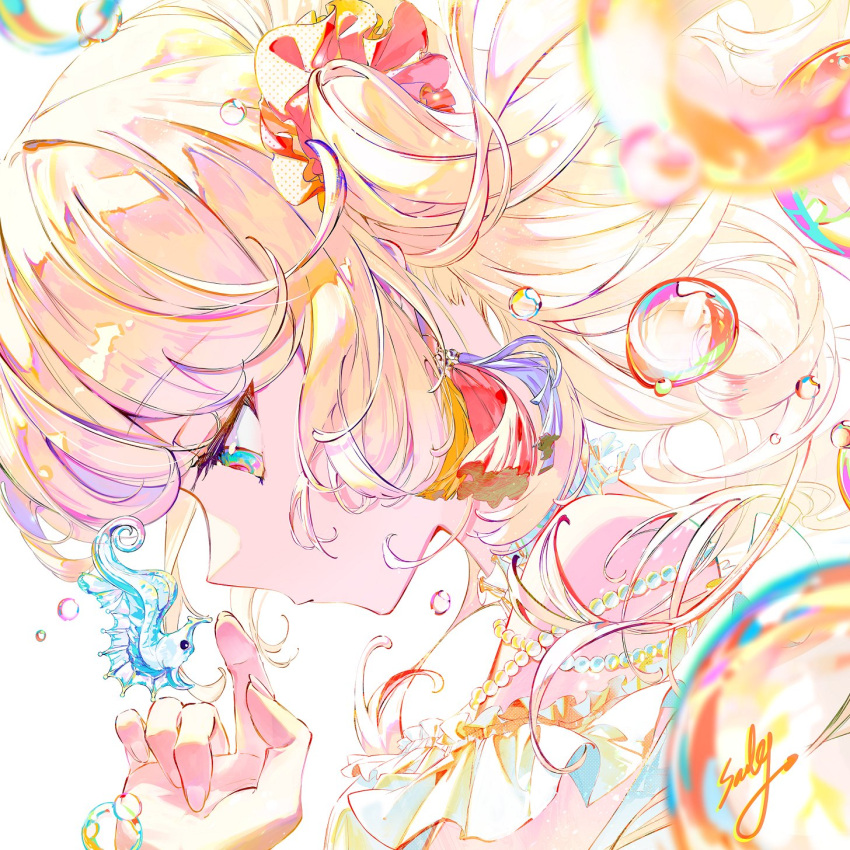 1girl aqua_eyes blonde_hair blurry blurry_foreground close-up earrings fish from_side hair_ornament hair_scrunchie highres jewelry looking_at_object looking_down original profile red_scrunchie sakinoji scrunchie seahorse signature solo tassel tassel_earrings water_drop