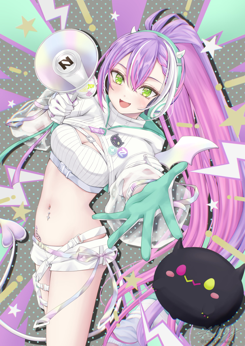1girl absurdres allymidorikawa bandeau bibi_(tokoyami_towa) breasts buckle colored_inner_hair demon_tail fake_horns fangs gloves green_eyes highres hip_tattoo holding holding_megaphone hololive hooded_shrug horned_headwear horns long_hair long_sleeves looking_at_viewer megaphone multicolored_hair navel navel_piercing official_alternate_costume official_alternate_hairstyle open_mouth piercing pink_hair ponytail purple_hair reaching reaching_towards_viewer ribbed_bandeau see-through see-through_sleeves shorts smile snap-fit_buckle solo strapless streaked_hair tail tattoo tokoyami_towa tokoyami_towa_(5th_costume) tube_top two-sided_gloves virtual_youtuber white_bandeau white_gloves white_hair white_shorts white_shrug white_tail white_tube_top winged_heart_tattoo wings