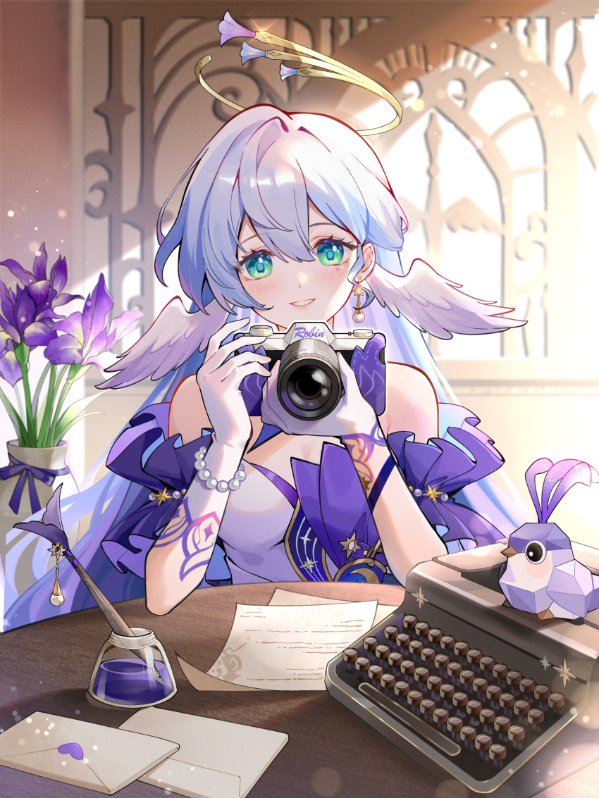 1girl absurdres aqua_eyes asymmetrical_gloves bare_shoulders bead_bracelet beads bracelet camera character_name detached_sleeves dress earrings gloves gou_lianlian_dogface highres holding holding_camera honkai:_star_rail honkai_(series) jewelry long_hair looking_at_viewer parted_lips purple_dress purple_hair robin_(honkai:_star_rail) short_sleeves sitting smile solo two-tone_dress uneven_gloves white_dress white_gloves