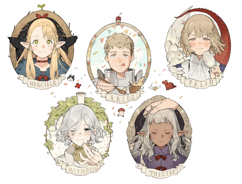 2girls 3boys :q androgynous armor bags_under_eyes black_eyes blonde_hair blue_capelet blush border bow capelet cat character_name choker closed_eyes confetti dark-skinned_male dark_elf dark_skin dungeon_meshi elf falin_touden feathers food food_on_face gorget green_eyes grey_hair happy_tears headpat highres holding holding_feather holding_spoon hood hooded_capelet laios_touden lazy_eye licking_lips long_hair looking_at_viewer mandarin_collar marcille's_familiar marcille_donato mithrun multiple_boys multiple_girls notched_ear ornate_border picture_frame pointy_ears portrait purple_shirt red_bow red_choker shirt short_bangs short_hair sidelocks smile spoon starshadowmagician straight-on tearing_up tears thistle_(dungeon_meshi) tongue tongue_out uneven_eyes walking_mushroom_(dungeon_meshi) wavy_hair white_background white_shirt winged_lion_(dungeon_meshi) yellow_eyes