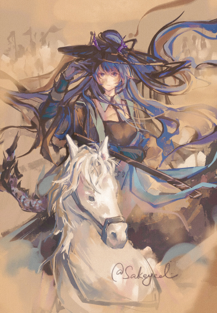 1girl animal arknights arm_up arm_wrap artist_name black_hat blue_hair chinese_commentary closed_mouth commentary_request expressionless floating_hair hat highres holding holding_sheath horns horns_through_headwear horse horseback_riding jingasa ling_(arknights) long_hair looking_ahead purple_horns riding sakeyed scabbard sheath signature solo very_long_hair violet_eyes white_horse wind