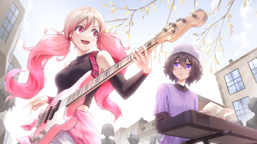 2girls bass_guitar blonde_hair breasts brown_hair closed_mouth glasses hair_between_eyes highres holding_bass instrument keyboard_(instrument) levana_violette_(lusan666) long_sleeves low_twintails lusan666 medium_breasts midriff multicolored_hair multiple_girls open_mouth original pink_hair purple_shirt shirt twintails violet_eyes