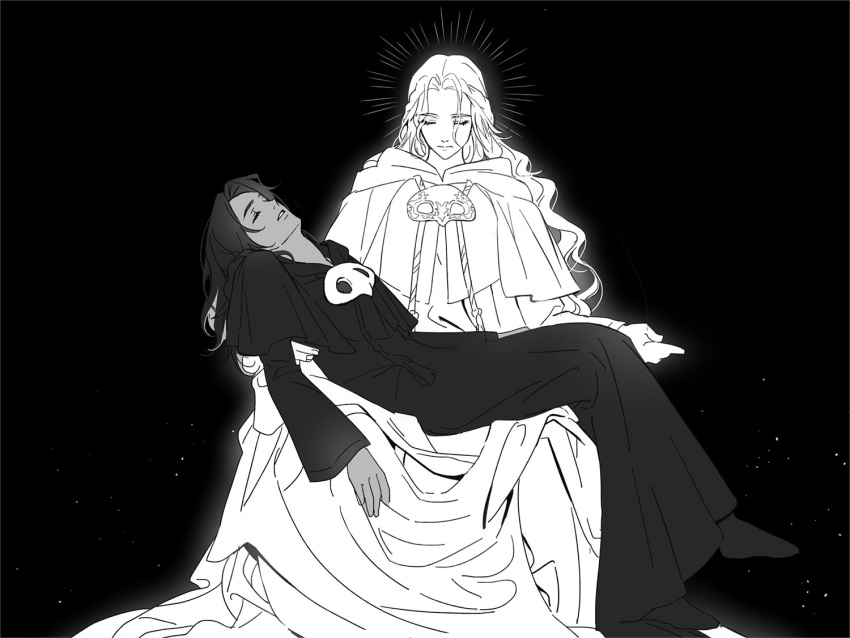 2girls black_background braid capelet closed_eyes commentary_request drawstring expressionless facing_viewer final_fantasy final_fantasy_xiv fine_art_parody greyscale half_up_braid halo halo_behind_head hood hood_down hooded_capelet korean_commentary long_hair long_sleeves lying lying_on_lap lying_on_person mask mask_around_neck medium_hair monochrome multiple_girls on_back parody parted_lips pieta robe shoes simple_background single_braid sophist's_robe_(ff14) unworn_mask venat_(ff14) warrior_of_light_(ff14) wasdzspace wavy_hair
