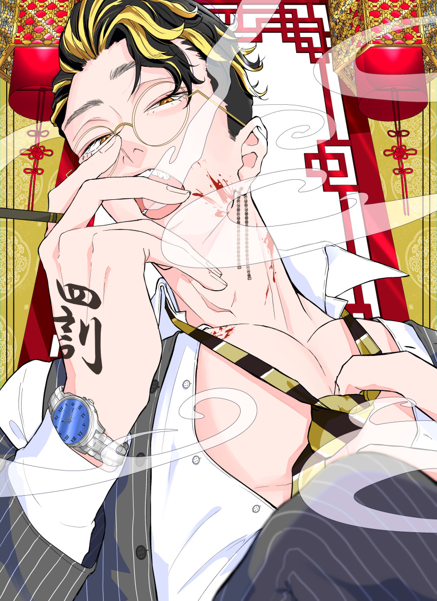1boy absurdres architecture bangs_pinned_back black_hair blood blood_on_face blood_on_neck buttons collared_shirt earrings east_asian_architecture franz0224 from_below glasses grey_suit grey_vest hand_on_own_chest hand_tattoo hand_to_own_mouth hanma_shuuji highres jewelry looking_at_viewer loose_necktie male_focus multicolored_hair necktie necktie_grab neckwear_grab open_clothes open_mouth open_shirt orange_eyes pectorals portrait raised_eyebrows shirt short_hair smoke smoking solo streaked_hair striped_clothes suit tattoo teeth tobacco tokyo_revengers vest watch watch white_shirt yellow_necktie