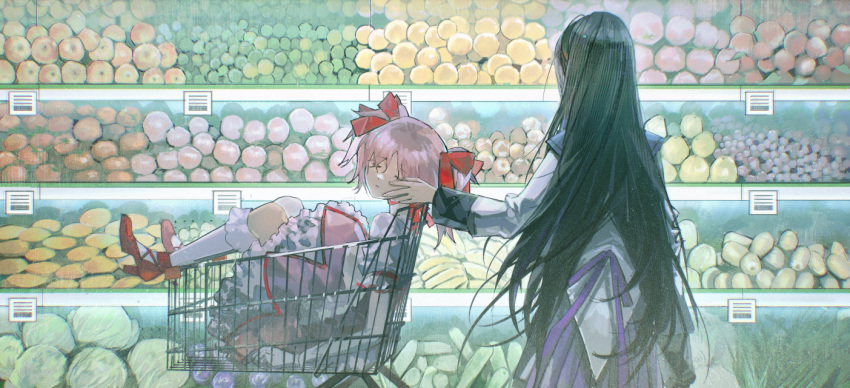 2girls akemi_homura apple banana black_hair bow bubble_skirt cabbage chinese_commentary closed_eyes commentary_request dress facing_away facing_viewer food frilled_skirt frilled_sleeves frills from_side fruit gloves hair_bow high_heels in_shopping_cart indoors kaname_madoka long_hair long_sleeves magical_girl mahou_shoujo_madoka_magica mahou_shoujo_madoka_magica_(anime) multiple_girls pear pink_dress puffy_short_sleeves puffy_sleeves purple_skirt reclining red_footwear shop shopping_cart short_hair short_sleeves short_twintails shuanglang_xi_limi skirt standing twintails vegetable white_gloves white_skirt