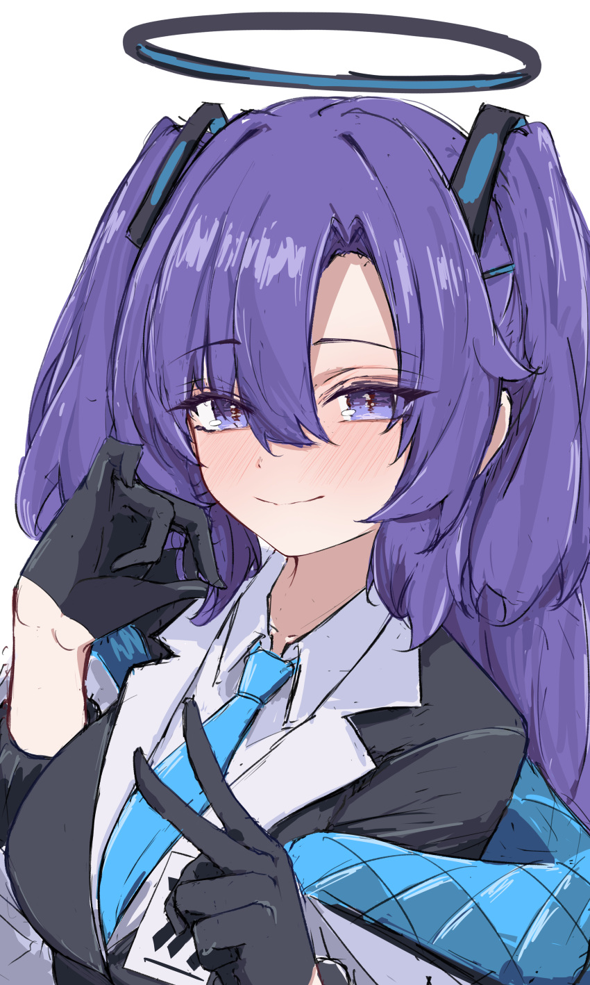 1girl absurdres black_gloves blue_archive blue_necktie blush breasts closed_mouth gloves hair_between_eyes halo highres jacket large_breasts long_hair long_sleeves looking_at_viewer mechanical_halo necktie open_clothes open_jacket purple_hair simple_background smile solo tobildesu two_side_up upper_body violet_eyes white_background white_jacket yuuka_(blue_archive)