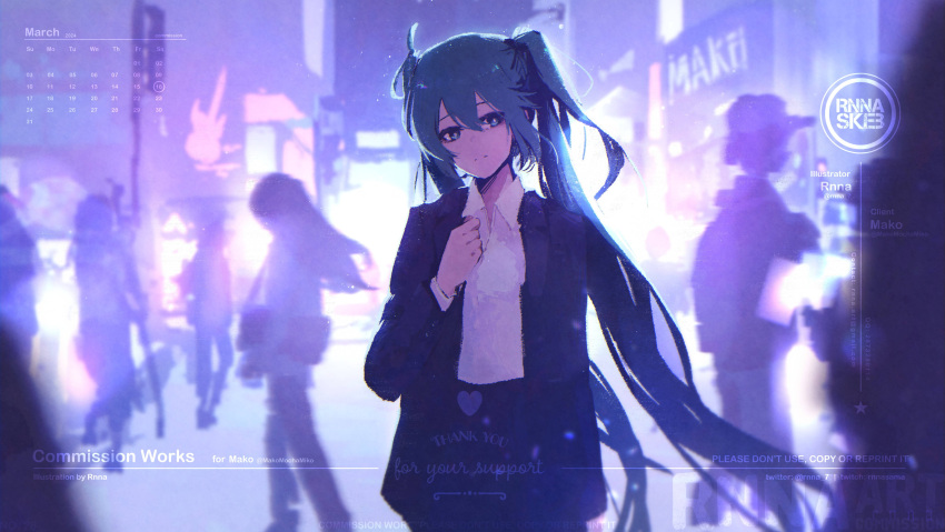 1girl :| absurdres arm_at_side black_jacket black_pants blue_eyes blue_hair calendar_(medium) city_lights cityscape closed_mouth collared_shirt commission cowboy_shot crowd expressionless hand_on_own_chest hatsune_miku head_tilt highres jacket long_sleeves looking_at_viewer night one_side_up open_clothes open_jacket outdoors pants rnna shirt solo_focus traffic_light twintails vocaloid watermark white_shirt