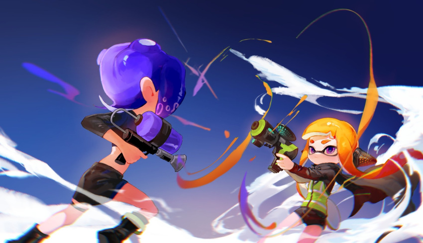 2girls agent_3_(splatoon) agent_8_(splatoon) anklet battle belt black_belt black_cape black_footwear black_headphones black_shirt black_shorts black_skirt blonde_hair blue_sky blunt_bangs boots cape chromatic_aberration closed_mouth clouds cloudy_sky commentary_request crop_top facing_away feet_out_of_frame gradient_hair headphones hero_shot_(splatoon) high-visibility_vest highres holding holding_weapon inkling jewelry jio022 long_hair long_sleeves looking_at_another midriff miniskirt multicolored_hair multiple_girls octoling octoling_girl octoling_player_character octoshot_(splatoon) orange_hair purple_hair running shirt shorts skirt sky splatoon_(series) splatoon_2 splatoon_2:_octo_expansion suction_cups tentacle_hair thigh_belt thigh_strap twintails two-tone_hair very_long_hair vest violet_eyes weapon