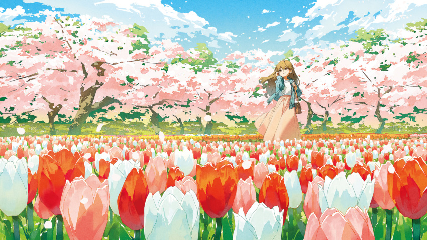 1girl bag blue_jacket blue_sky brown_eyes brown_hair cherry_blossoms closed_mouth clouds cloudy_sky day earrings falling_petals field flower flower_field full_body hair_between_eyes handbag jacket jewelry landscape long_skirt long_sleeves looking_up nature open_clothes open_jacket original outdoors petals pink_skirt pleated_skirt potg_(piotegu) red_flower red_tulip scenery shirt skirt sky smile solo tucking_hair tulip white_flower white_shirt white_tulip wide_shot