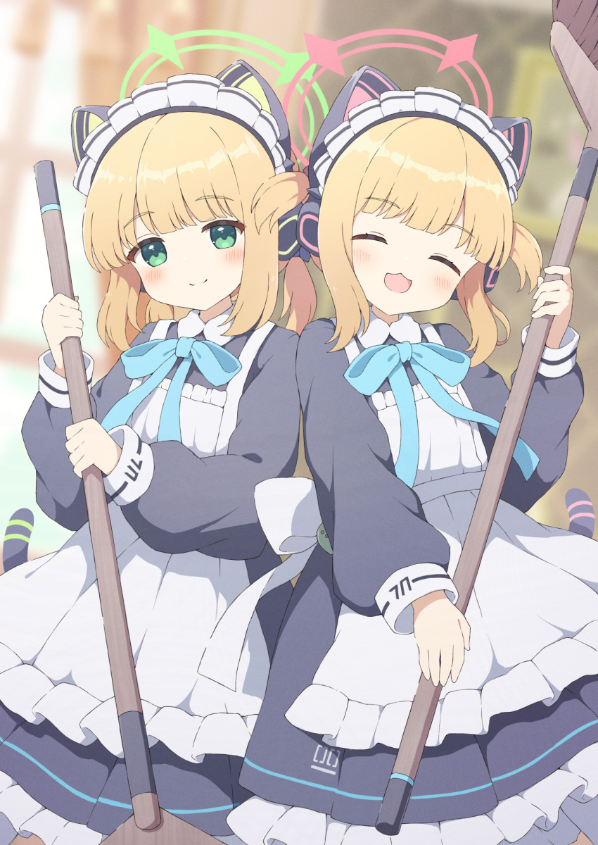 2girls animal_ear_headphones animal_ears apron black_dress blonde_hair blue_archive blush closed_eyes closed_mouth dress fake_animal_ears frilled_apron frilled_dress frills green_eyes green_halo halo headphones highres long_sleeves looking_at_viewer maid maid_apron maid_headdress midori_(blue_archive) midori_(maid)_(blue_archive) momoi_(blue_archive) momoi_(maid)_(blue_archive) multiple_girls official_alternate_costume open_mouth pink_halo short_hair siblings sisters smile twins tyomimas variant_set white_apron