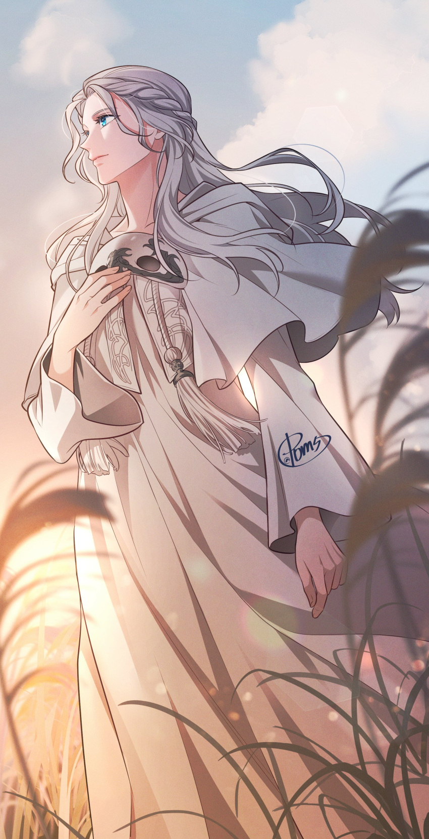 1girl absurdres arm_at_side artist_name blue_eyes blue_sky blurry blurry_foreground braid capelet clouds commentary_request commission dndk5656 drawstring evening feet_out_of_frame final_fantasy final_fantasy_xiv from_below grass grey_capelet grey_hair grey_robe half_updo hand_on_own_chest hand_up highres hood hood_down hooded_capelet korean_commentary light_particles long_hair looking_afar looking_ahead mask mask_around_neck outdoors robe signature single_braid sky solo sophist's_robe_(ff14) standing tassel unworn_mask venat_(ff14) wavy_hair wide_sleeves