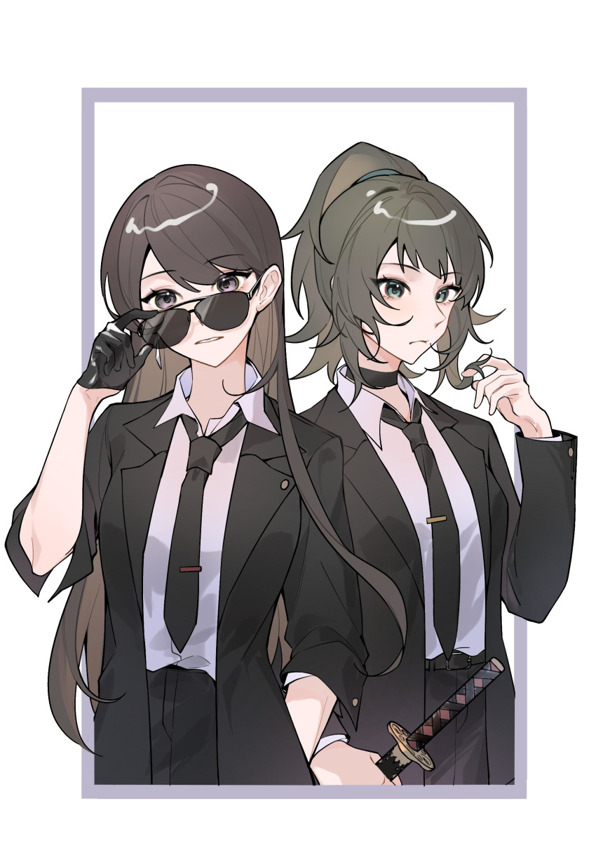 2girls absurdres adjusting_eyewear bang_dream! bang_dream!_it's_mygo!!!!! black_choker black_gloves black_jacket black_necktie black_pants black_suit brown_hair chinese_commentary choker closed_mouth collared_shirt commentary_request commission earrings gloves green_eyes hand_in_own_hair highres holding holding_sword holding_weapon jacket jewelry katana long_hair looking_at_viewer multiple_girls necktie outside_border pants parted_lips second-party_source shiina_taki shirt suit sunglasses sword tsumalan violet_eyes weapon white_shirt yahata_umiri