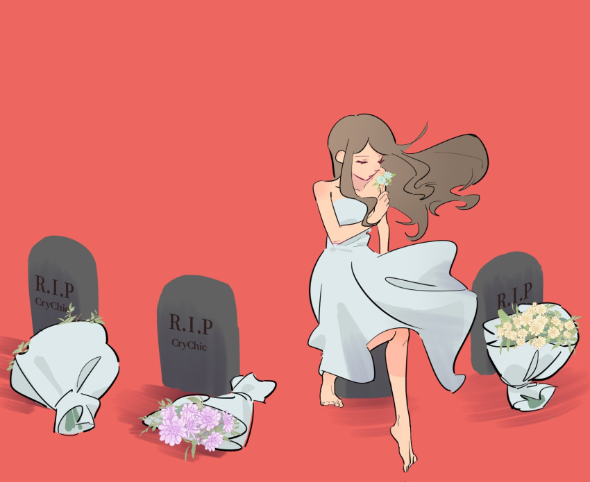 1girl bang_dream! bang_dream!_it's_mygo!!!!! bare_arms barefoot blue_flower bouquet brown_hair closed_mouth dress floating_hair flower full_body highres long_hair nagasaki_soyo purple_flower red_background simple_background sitting solo strapless strapless_dress takechi63 tombstone white_dress yellow_flower