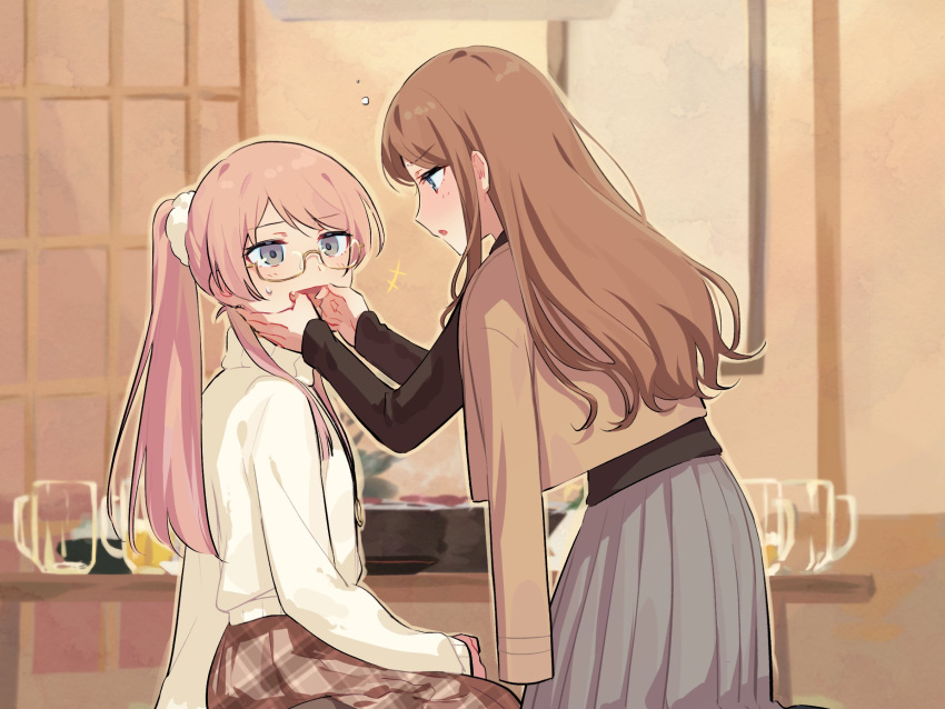 2girls artist_request bang_dream! bang_dream!_it's_mygo!!!!! beer_mug black_shirt blue_eyes blush brown_hair brown_jacket chihaya_anon commission cup dark_skin drunk fang finger_in_another's_mouth glasses grey_eyes grey_skirt highres indoors jacket jacket_on_shoulders long_hair long_sleeves mug multiple_girls nagasaki_soyo open_mouth pink_hair pleated_skirt second-party_source shirt skirt sweatdrop sweater table turtleneck turtleneck_sweater white_sweater yuri