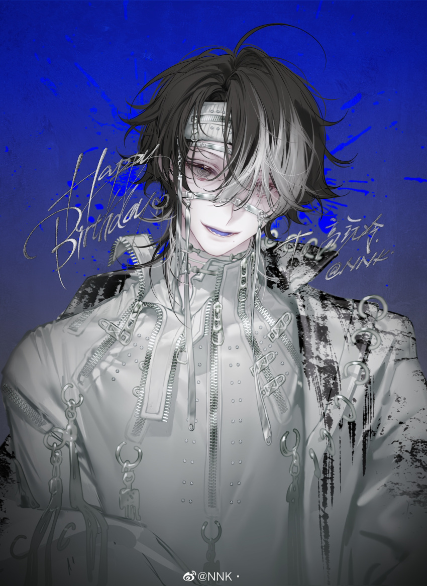 1boy absurdres ahoge artist_name bad_source bishounen black_hair blue_background character_request copyright_request hair_over_one_eye happy_birthday headband highres jacket long_sleeves lower_teeth_only male_focus multicolored_hair nnk_(nongnong) open_mouth shirt short_hair simple_background smile solo streaked_hair teeth turtleneck turtleneck_shirt upper_body violet_eyes weibo_watermark white_hair white_headband white_jacket white_shirt white_sleeves zipper zipper_pull_tab