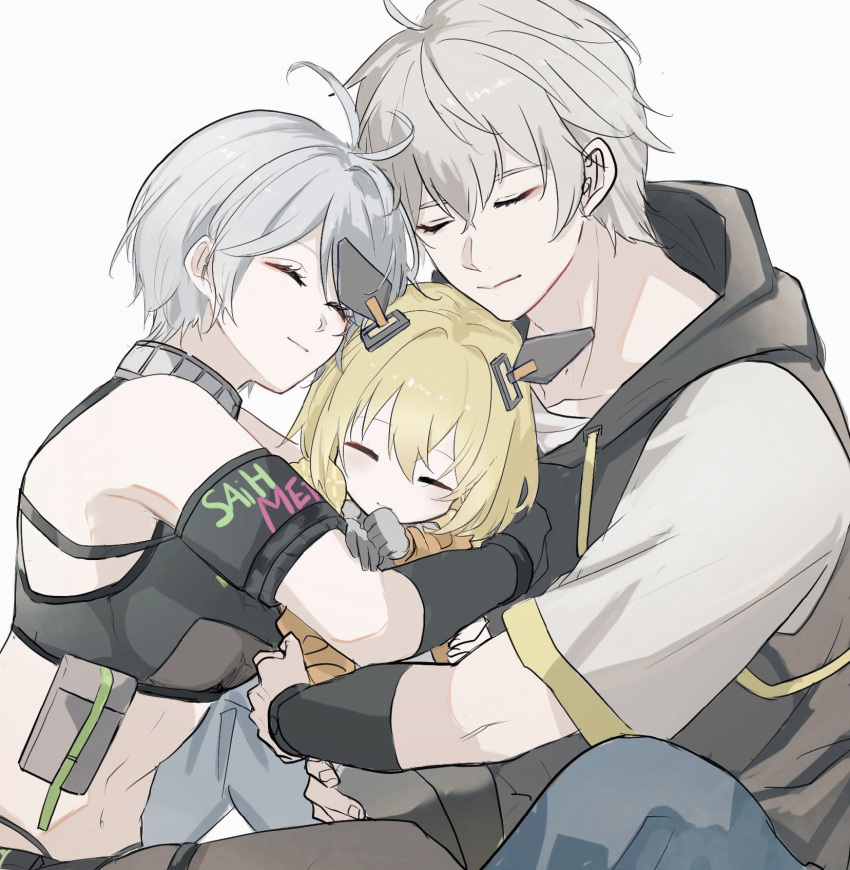 1boy 2girls antenna_hair black_gloves black_shirt black_vest blonde_hair blue_pants closed_eyes closed_mouth cropped_shirt gloves highres hood hood_down hooded_vest hoodie hug mi-a_(tower_of_fantasy) multiple_girls pants pouch shirt short_hair simple_background smile tomo_gento tower_of_fantasy vest wanderer_(tower_of_fantasy) white_background white_hair white_shirt