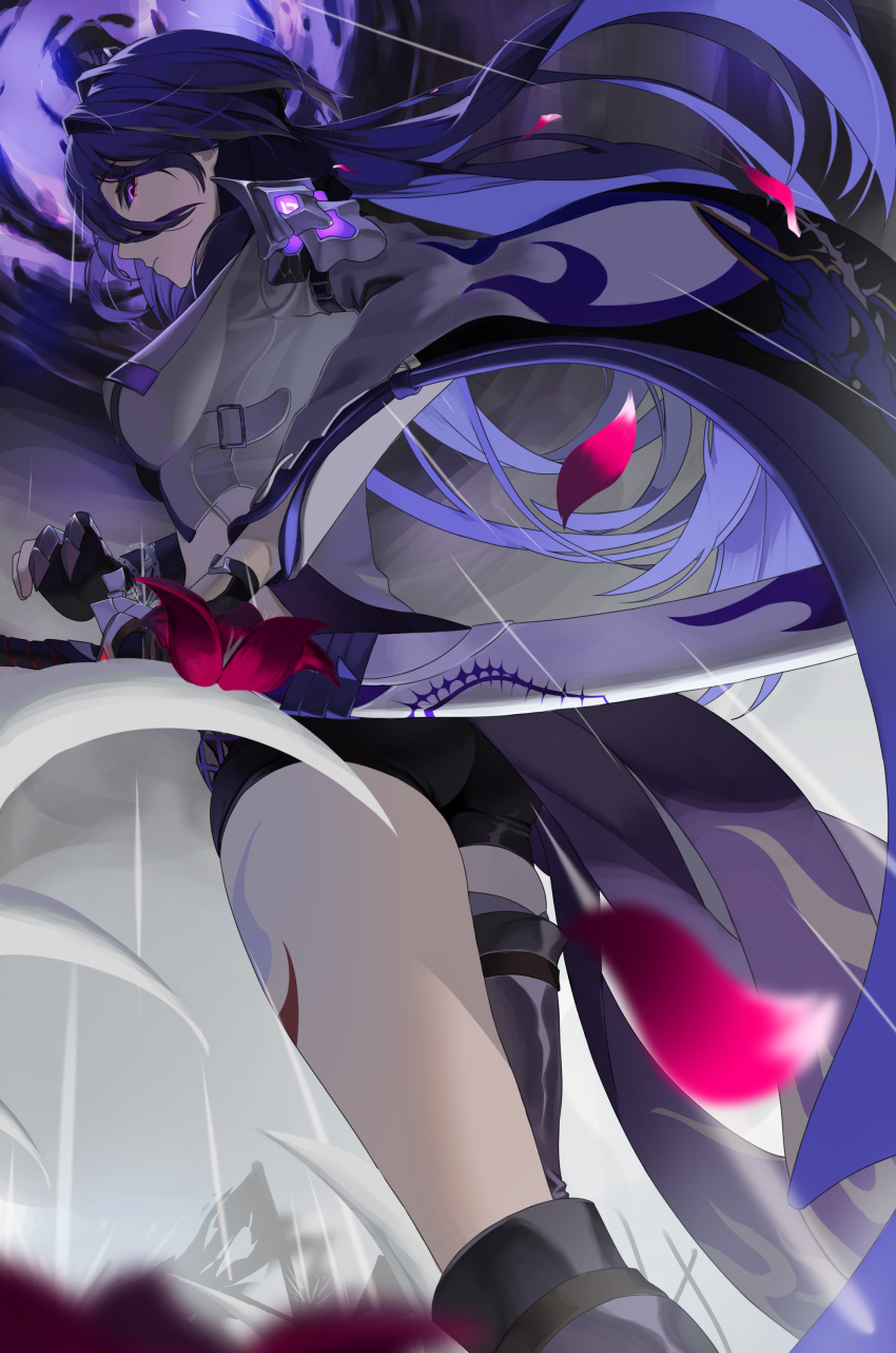 1girl absurdres acheron_(honkai:_star_rail) asymmetrical_footwear black_choker black_gloves black_shorts boots chain choker coat coattails detached_sleeves falling_petals flower gloves glowing glowing_eye hair_over_one_eye highres holding holding_sword holding_weapon honkai:_star_rail honkai_(series) leg_tattoo long_hair looking_at_viewer looking_down midriff multicolored_hair petals purple_hair rain red_flower scabbard september0405 sheath sheathed short_shorts shorts single_bare_shoulder solo standing streaked_hair sword tattoo thigh_boots thighs violet_eyes weapon white_coat