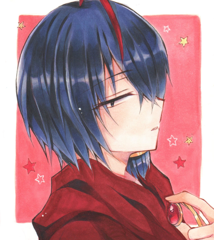 1boy ahoge black_eyes black_hair bluestar_iz border hair_over_one_eye hand_on_own_chest highres hood hood_down hoodie looking_at_viewer male_focus multicolored_hair official_art open_mouth painting_(medium) profile red_background red_hoodie redhead short_hair small_pupils solo star_(symbol) traditional_media watercolor_(medium) white_border wilardo_adler witch's_heart