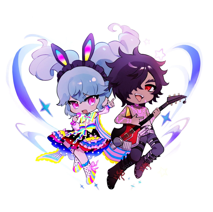 1boy 1girl :d \m/ animal_ear_hairband animal_ears arm_up belt black_belt black_footwear blue_hair body_markings boots chibi dark-skinned_male dark_skin drill_hair fake_animal_ears full_body glowing_clothes grey_pants guitar hair_over_one_eye hairband highres holding holding_guitar holding_instrument holding_microphone idol_clothes idol_land_pripara index_finger_raised instrument katasumi_amari knee_boots long_hair looking_at_viewer mario_(pripara) microphone open_mouth pants pink_eyes playing_guitar polka_dot polka_dot_skirt pretty_series pripara rabbit_ear_hairband rabbit_ears red_eyes shoes short_hair skirt smile sparkle standing swirl tongue tongue_out topless_male twin_drills twintails white_background zhou_(suzusuz57561619)