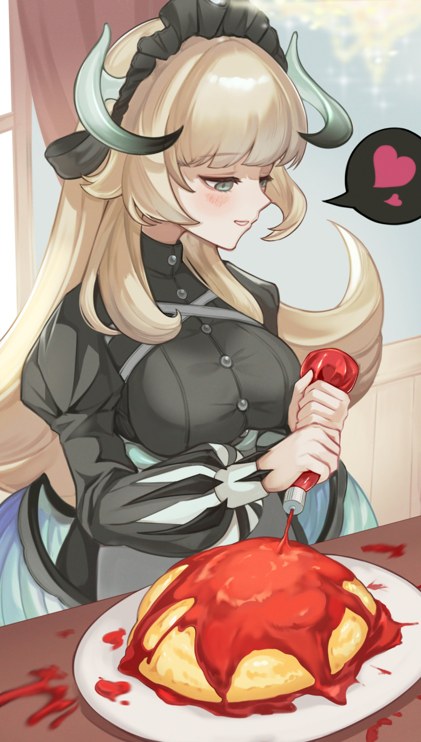 1girl absurdres black_dress blonde_hair blush breasts chamber_dragonmaid dragon_girl dragon_horns dragon_tail dress duel_monster food green_eyes highres horns ketchup ketchup_bottle large_breasts long_hair long_sleeves maid maid_headdress omelet omurice open_mouth senada37 smile solo tail wings yu-gi-oh!