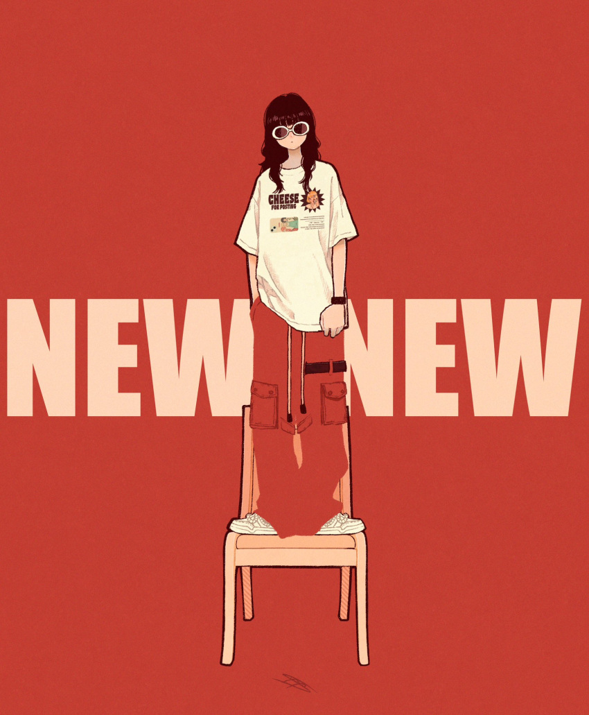 1girl black_hair hand_in_pocket highres long_hair looking_at_viewer on_chair original pants print_shirt red_background red_pants red_t-shirt shadow shirt shoes short_sleeves solo standing standing_on_chair sunglasses syooooyoooo t-shirt white-framed_eyewear white_footwear white_t-shirt wide_shot