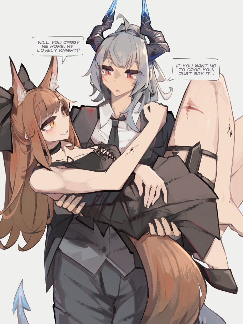 2girls absurdres ahoge animal_ears arknights black_bow black_choker black_dress black_footwear black_jacket black_pants bow brown_eyes carrying choker collared_shirt commentary dragon_tail dress english_commentary english_text fox_ears fox_girl fox_tail franka_(arknights) grey_hair hair_bow half_updo highres horns injury jacket liskarm_(arknights) long_hair looking_at_another material_growth multiple_girls oripathy_lesion_(arknights) pants ponytail princess_carry red_eyes shirt simple_background sleeveless sleeveless_dress speech_bubble tail thigh_strap togekk0 white_background white_shirt yuri
