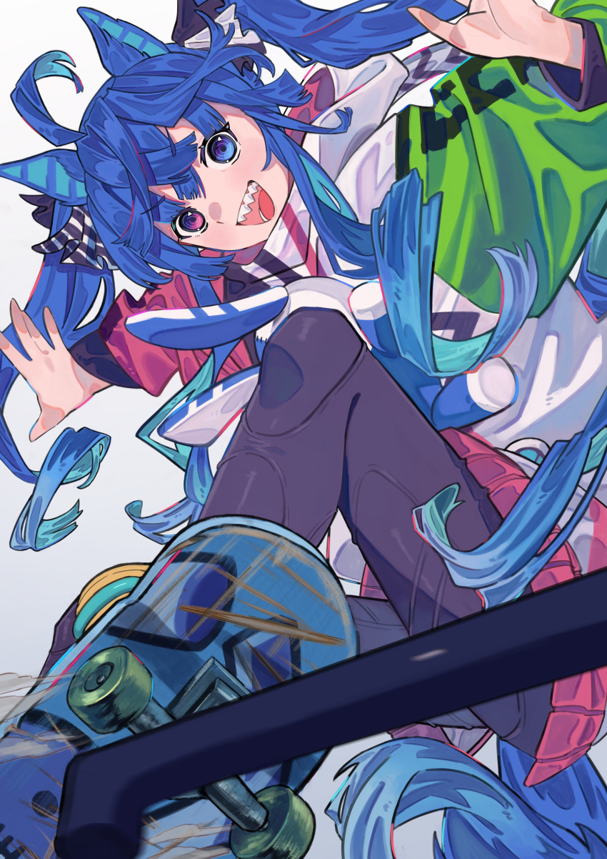 1girl absurdres ahoge animal_ears aqua_hair black_leggings blue_eyes blue_hair bow crossed_bangs feet_out_of_frame hair_bow hands_up hashtag-only_commentary heterochromia highres hood hoodie horse_ears horse_girl horse_tail leggings long_hair long_sleeves looking_at_viewer multicolored_clothes multicolored_hair multicolored_hoodie nishinodashi open_mouth sharp_teeth sidelocks skateboard skateboarding sliding solo striped_bow stuffed_animal stuffed_rabbit stuffed_toy tail teeth twin_turbo_(umamusume) twintails two-tone_hair umamusume upper_teeth_only violet_eyes white_background