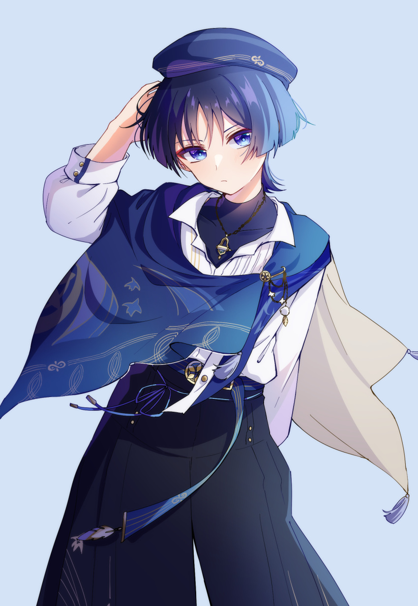 168_azusa 1boy belt beret black_pants black_shirt blue_background blue_belt blue_cape blue_eyes blue_hair blue_headwear blue_ribbon blunt_ends cape choppy_bangs closed_mouth collared_shirt commentary_request covered_collarbone cowboy_shot dark_blue_hair eyeshadow frown genshin_impact hair_between_eyes hand_up hat head_tilt highres jewelry long_sleeves looking_at_viewer makeup male_focus necklace official_alternate_costume pants pom_pom_(clothes) purple_hair red_eyeshadow ribbon scaramouche_(genshin_impact) shirt shirt_tucked_in short_hair simple_background sleeveless sleeveless_shirt solo standing tassel turtleneck two-sided_cape two-sided_fabric wanderer_(genshin_impact) white_shirt