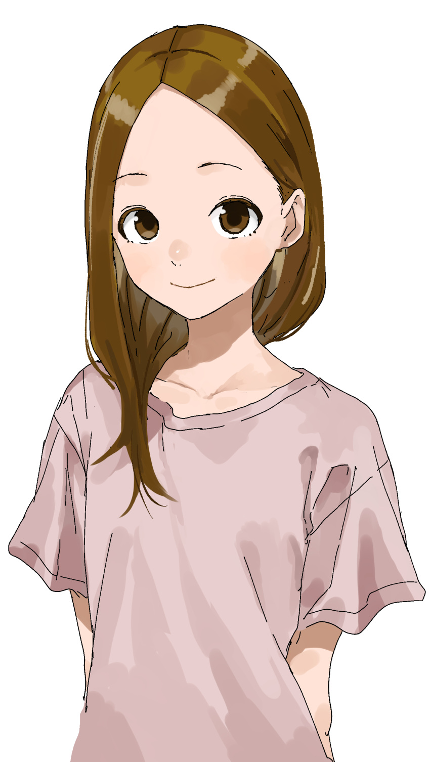 1girl absurdres brown_eyes brown_hair closed_mouth commentary_request highres karakai_jouzu_no_(moto)_takagi-san karakai_jouzu_no_takagi-san looking_at_viewer pink_shirt shirt short_sleeves simple_background smile solo t-shirt takagi-san upper_body white_background yamamoto_souichirou