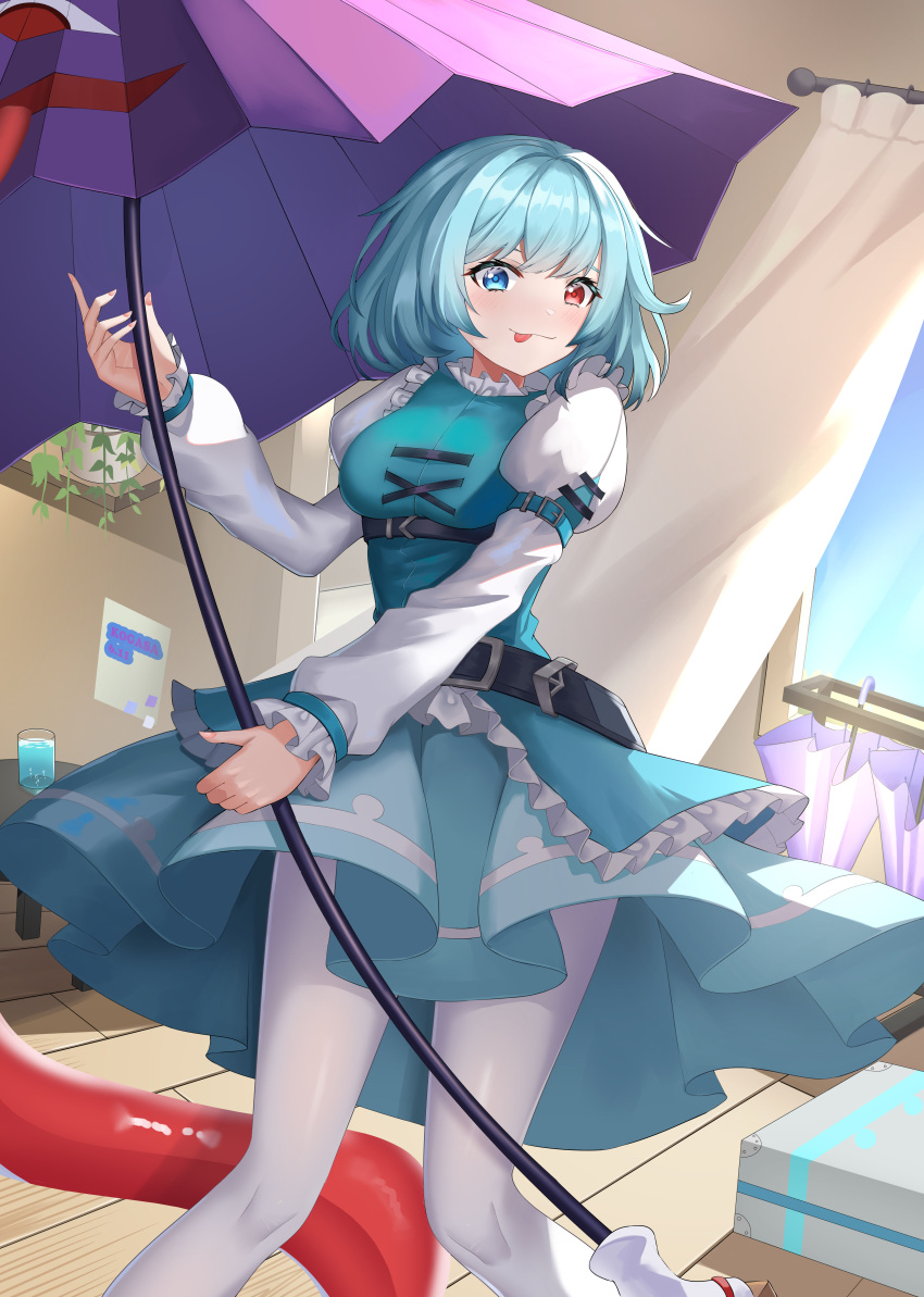 1girl :q absurdres belt blue_eyes blue_hair blue_skirt blue_vest blush closed_mouth commentary_request curtains heterochromia highres holding holding_umbrella indoors juliet_sleeves kogasa_day long_sleeves looking_at_viewer pantyhose puffy_sleeves purple_umbrella qinyuzhen red_eyes shirt short_hair skirt solo tatara_kogasa tongue tongue_out touhou umbrella vest white_pantyhose white_shirt