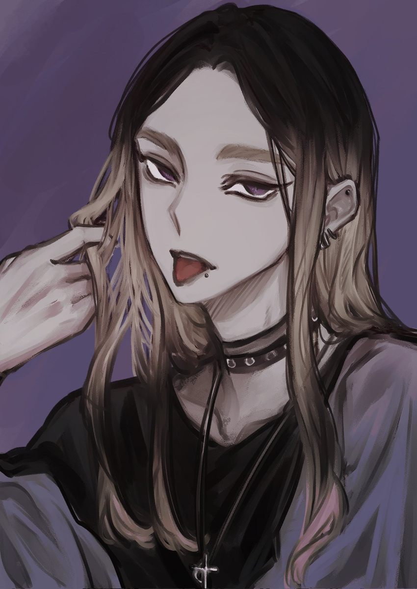 1boy choker cross cross_necklace dark ear_piercing empty_eyes fu_ko412506 haitani_ran highres jewelry looking_at_viewer male_focus multicolored_hair necklace piercing portrait simple_background straight_hair thick_eyebrows tokyo_revengers tongue tongue_out two-tone_hair