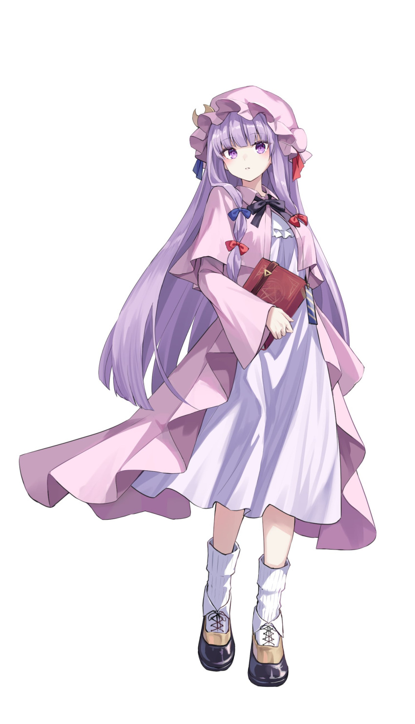 1girl absurdres black_bow black_bowtie blue_bow book bow bowtie commentary_request crescent crescent_hat_ornament dress hair_bow hat hat_ornament highres holding holding_book kure~pu long_hair long_sleeves looking_at_viewer mob_cap patchouli_knowledge purple_dress purple_hair red_bow socks solo touhou very_long_hair violet_eyes white_socks