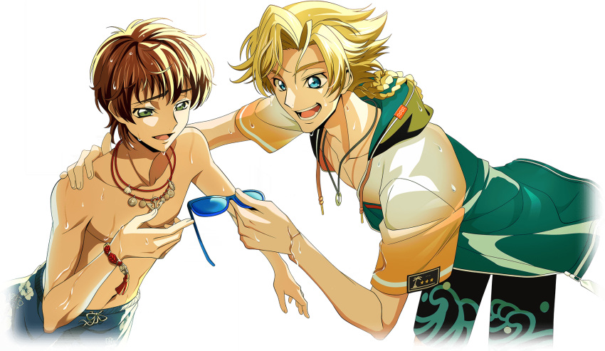 2boys artist_request black_male_swimwear blonde_hair blue-framed_eyewear blue-tinted_eyewear blue_eyes blue_male_swimwear bracelet brown_hair code_geass code_geass:_lost_stories collarbone cropped_torso drawstring game_cg gino_weinberg green_eyes green_shirt half-closed_eyes hand_on_another's_shoulder hand_up happy highres holding holding_removed_eyewear hood hood_down hooded_shirt jewelry kururugi_suzaku male_focus male_swimwear multiple_boys multiple_necklaces navel necklace non-web_source official_art open_clothes open_mouth open_shirt quad_braids raised_eyebrows ring ring_necklace shirt short_hair short_sleeves sidelocks simple_background smile star_(symbol) sunglasses swim_trunks teeth tinted_eyewear topless_male transparent_background two-tone_shirt unworn_eyewear wet