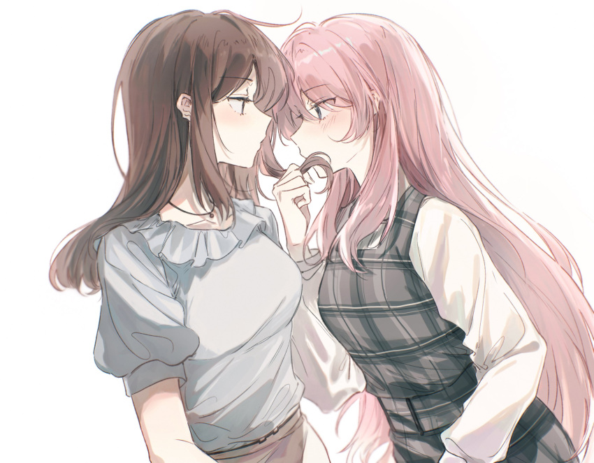 2girls artist_request bang_dream! bang_dream!_it's_mygo!!!!! blush brown_hair chihaya_anon closed_mouth commentary commission dress eye_contact frilled_shirt frills grey_dress hand_in_another's_hair highres jewelry kissing_hair leaning_forward long_hair long_sleeves looking_at_another multiple_girls nagasaki_soyo necklace pinafore_dress pink_hair second-party_source shirt simple_background sleeveless sleeveless_dress upper_body white_background white_shirt yuri