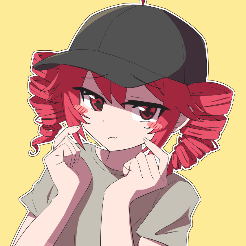 1girl ahoge baseball_cap blush_stickers closed_mouth commentary_request drill_hair finger_to_cheek hands_up hat highres kasane_teto long_hair looking_at_viewer outline pout red_eyes redhead sabfish1229 shirt simple_background solo symbol-shaped_pupils t-shirt twin_drills twintails upper_body utau white_outline yellow_background