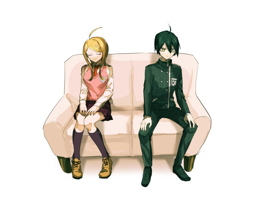 1boy 1girl absurdres ahoge akamatsu_kaede backpack bag black_footwear black_hair black_jacket black_pants black_sleeves black_socks blonde_hair brown_footwear brown_ribbon buttons closed_eyes closed_mouth collared_jacket collared_shirt commentary_request couch crest cross-laced_footwear danganronpa_(series) danganronpa_v3:_killing_harmony double-breasted expressionless eyelashes fingernails footwear_ribbon full_body hair_between_eyes hair_ornament hands_on_lap hands_on_own_knees high_collar highres jacket kneehighs layered_sleeves long_hair long_sleeves miniskirt musical_note musical_note_hair_ornament musical_note_print necktie on_couch pants pink_vest pinstripe_jacket pinstripe_pants pinstripe_pattern pleated_skirt pocket purple_skirt red_necktie ribbon saihara_shuichi sarami_(sa_rami30) shadow shirt shoes short_hair simple_background sitting skirt smile socks v-neck vertical-striped_sleeves vest white_background white_bag white_shirt yellow_eyes