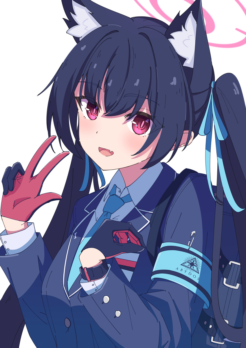 1girl absurdres animal_ear_fluff animal_ears aot. bag black_gloves blue_archive blue_ribbon cat_ears collar collared_shirt fang gloves hair_between_eyes hair_ribbon halo highres long_hair long_sleeves looking_at_viewer open_mouth pink_eyes red_gloves ribbon school_bag school_uniform serika_(blue_archive) shirt simple_background smile solo twintails two-tone_gloves upper_body v watch watch white_background white_collar white_shirt