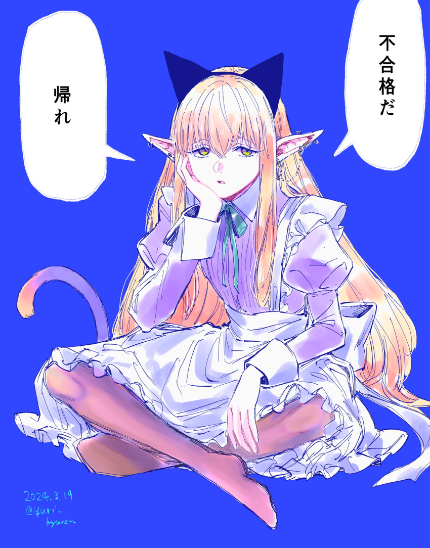 1girl animal_ear_hairband animal_ears apron black_pantyhose blue_background cat_ears collared_dress commentary_request crossed_legs dated dress ear_piercing elf expressionless fake_animal_ears full_body green_ribbon hairband highres long_hair long_sleeves maid_apron neck_ribbon no_shoes orange_eyes orange_hair pantyhose parted_lips piercing pointy_ears purple_dress ribbon serie_(sousou_no_frieren) simple_background sitting solo sousou_no_frieren speech_bubble tail translation_request twitter_username white_apron yuri_kyanon