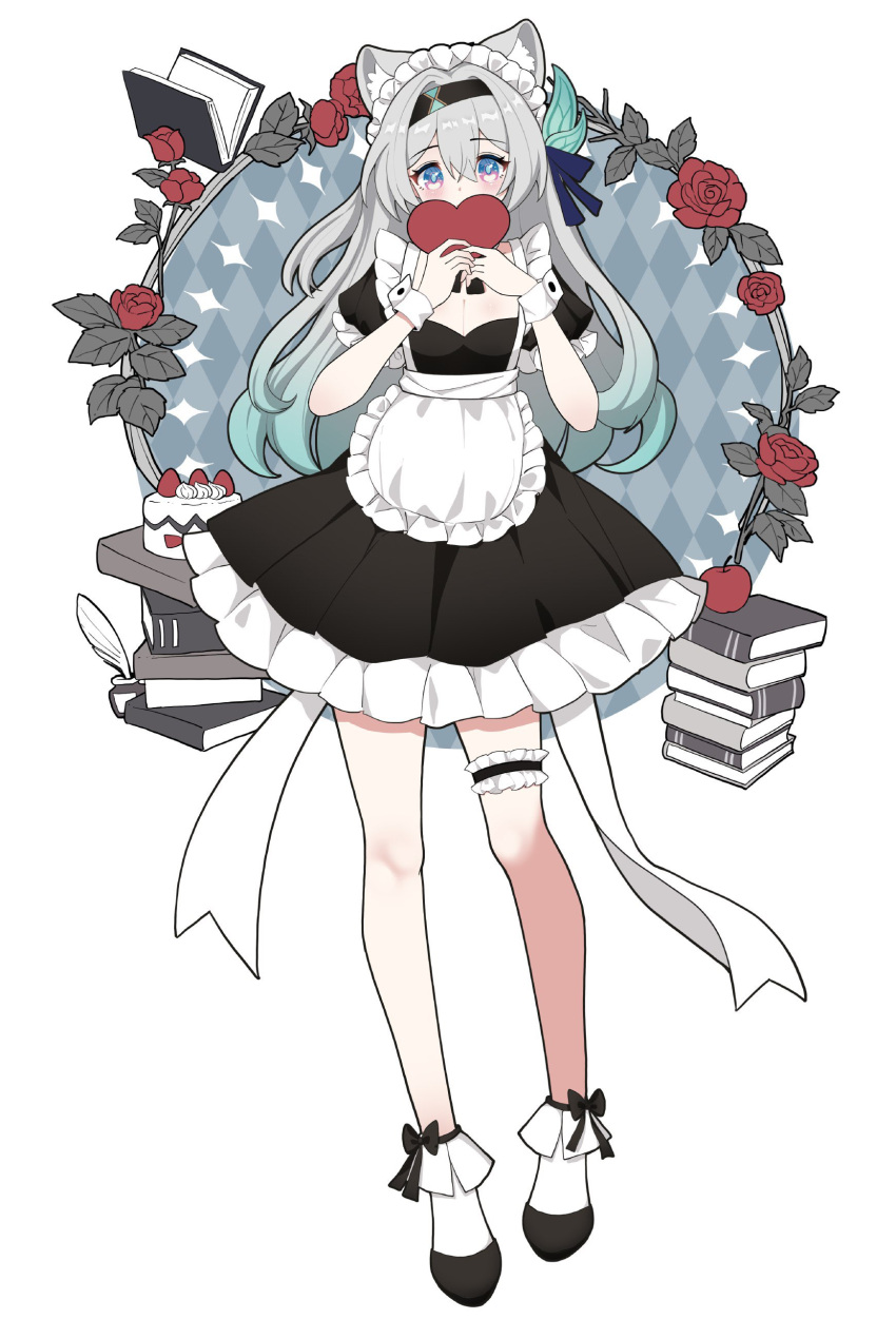 1girl absurdres animal_ears black_bow black_hairband book bow breasts dress firefly_(honkai:_star_rail) flower grey_hair hair_ornament hairband heart highres honkai:_star_rail honkai_(series) long_hair looking_at_viewer maid maid_headdress medium_breasts red_flower red_rose rose solo two-tone_eyes
