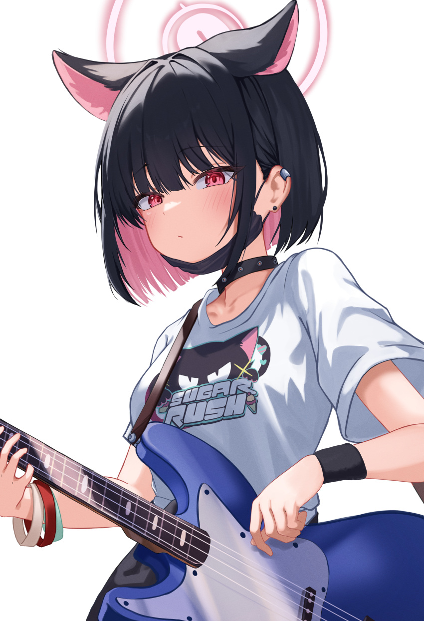 1girl absurdres animal_ears bass_guitar bee_ho00 black_collar black_hair black_mask blue_archive blush breasts cat_ears closed_mouth collar colored_inner_hair commentary earclip earrings extra_ears halo highres holding holding_instrument instrument jewelry kazusa_(band)_(blue_archive) kazusa_(blue_archive) looking_at_viewer mask mask_pull mouth_mask multicolored_hair music official_alternate_costume pink_eyes pink_hair pink_halo playing_instrument shirt short_hair short_sleeves simple_background small_breasts solo spiked_collar spikes stud_earrings upper_body white_background white_shirt wristband