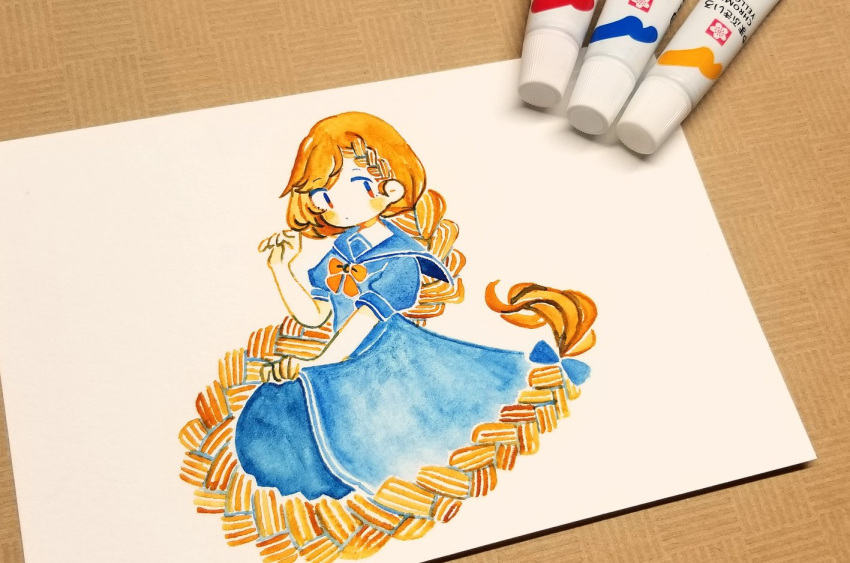 1girl absurdly_long_hair art_tools_in_frame bad_id bad_twitter_id blue_dress blue_sailor_collar bow braid braided_bangs closed_mouth commentary_request dress hand_on_lap hand_up long_braid long_hair looking_at_viewer orange_bow orange_eyes orange_hair original painting_(medium) photo_(medium) piyoko9494 puffy_short_sleeves puffy_sleeves sailor_collar short_sleeves simple_background single_braid solo traditional_media very_long_hair watercolor_(medium) white_background |_|