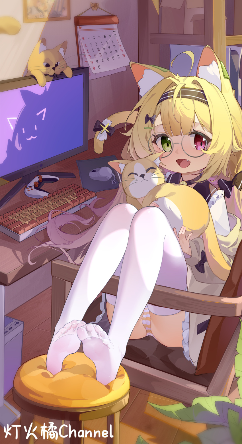 1girl bow calendar_(object) cat cat_on_chest computer desk feet glasses hair_bow headband highres loli long_hair looking_at_viewer ningmeng_jing_jing_jing_jing open_mouth picture_frame soles tagme tail thigh-highs toes unworn_footwear