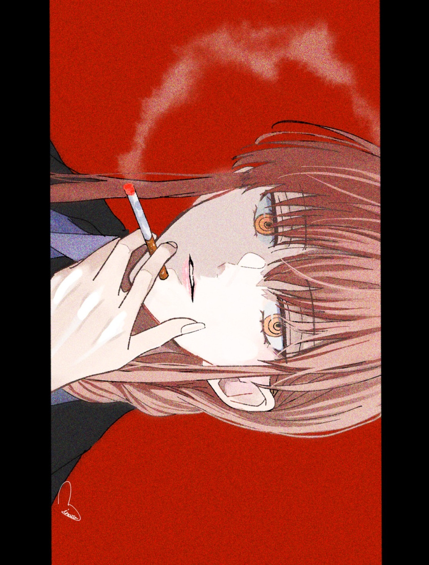 1girl black_jacket braid braided_ponytail chainsaw_man cigarette collared_shirt film_grain highres holding holding_cigarette jacket long_bangs long_hair looking_at_viewer makima_(chainsaw_man) minato pillarboxed portrait red_background redhead ringed_eyes shirt sideways signature simple_background smoking solo white_shirt yellow_eyes