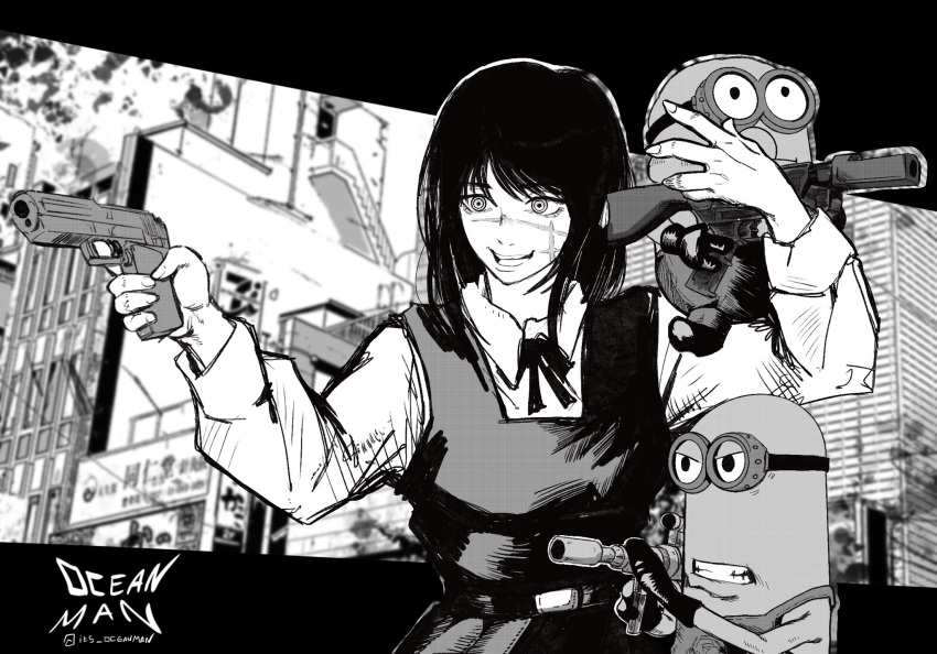 1girl 2others artist_name belt black_border black_footwear black_hair black_ribbon border chainsaw_man city cityscape clenched_teeth collared_shirt creature creature_on_shoulder cross_scar crossover despicable_me dress english_commentary fourth_east_high_school_uniform glaring goggles greyscale gun highres holding holding_gun holding_weapon long_hair minion_(despicable_me) minions_(movie) monochrome multiple_others naked_overalls neck_ribbon ocean_man_(artist) on_shoulder overalls pinafore_dress ribbon ringed_eyes scar scar_on_cheek scar_on_face school_uniform shirt sketch sleeveless sleeveless_dress smile teeth twitter_username weapon white_shirt white_sleeves yoru_(chainsaw_man)