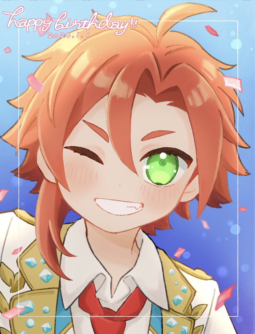 1boy ahoge blush collared_shirt commentary_request green_eyes grin happy_birthday highres idol_time_pripara jacket looking_at_viewer male_focus mitaka_asahi necktie one_eye_closed open_mouth poro_(pweedro) pretty_series pripara red_necktie redhead shirt short_hair smile solo upper_body white_jacket white_shirt